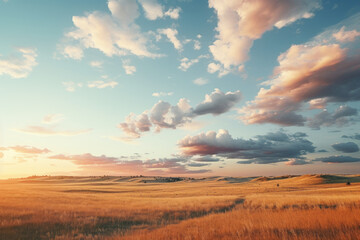 Obraz premium A serene sunset over a vast, open prairie, painting the landscape with soft pastel colors. Concept of wide-open spaces and tranquility. Generative Ai.