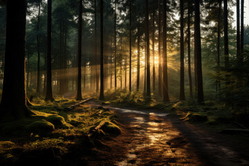 The sun setting behind a dense forest, casting long shadows through the trees. Concept of woodlands...