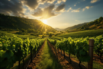 The sun setting over a vineyard, casting long shadows between rows of grapevines. Concept of viticulture and winemaking. Generative Ai.