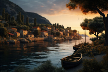 A peaceful seaside village at sunset, with fishing boats anchored in the harbor. Concept of coastal communities and traditions. Generative Ai.