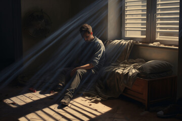 Peinture digitale d'un homme en dépression prostré dans le noir dans son canapé - obrazy, fototapety, plakaty