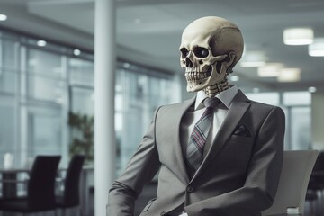 Human skeleton dressed in professional gray suit, seated in modern office. With copy space. Skeleton office worker. Middle manager. Funny character. concept of working in the office until death