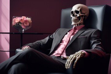 Stylish male skeleton in black suit, comfortably seated in luxurious chair, with a vase of beautiful roses in background. With copy space. Big boss. Fashionable skeleton businessman. Funny character - obrazy, fototapety, plakaty