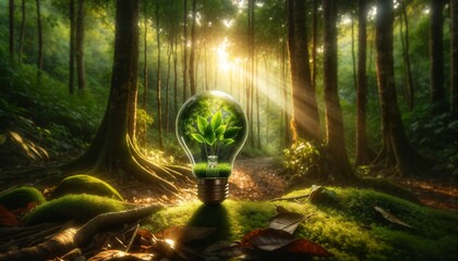 Light bulb with plant in nature - renewable energy source, sustainable development and responsible environmental ecology concept - obrazy, fototapety, plakaty