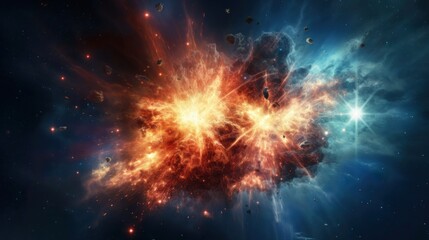 Galactic Blaze. Explosions in space with fiery flashes. A digital art representation of a cosmic burst. Big cosmic explosion in space against the background of stars and galaxies.