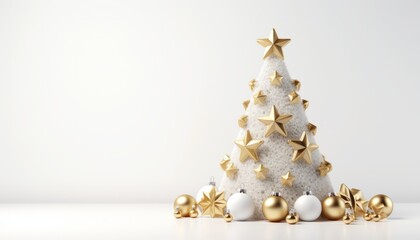 Deco Christmas tree made of white felt covered with golden stars, Christmas tree baubles in white and gold at the bottom, white background, copy space
