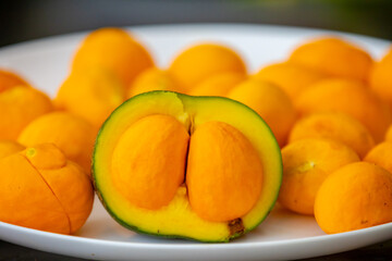Typical ripe pequi fruit (caryocar brasiliense) in fine details and selective focus. Typical fruit...