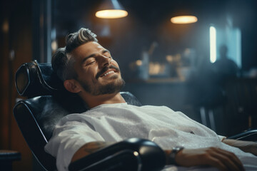 A barbershop scene with a customer reclining in a comfortable chair, enjoying a hot towel shave. Concept of relaxation and luxury. Generative Ai.