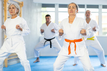 Elderly women and men in kimonos stand in a fighting stance during a group karate training session