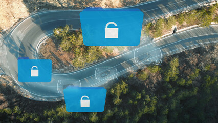 Black intelligence vehicles with sensitive data on winding road are hacked via satellite...