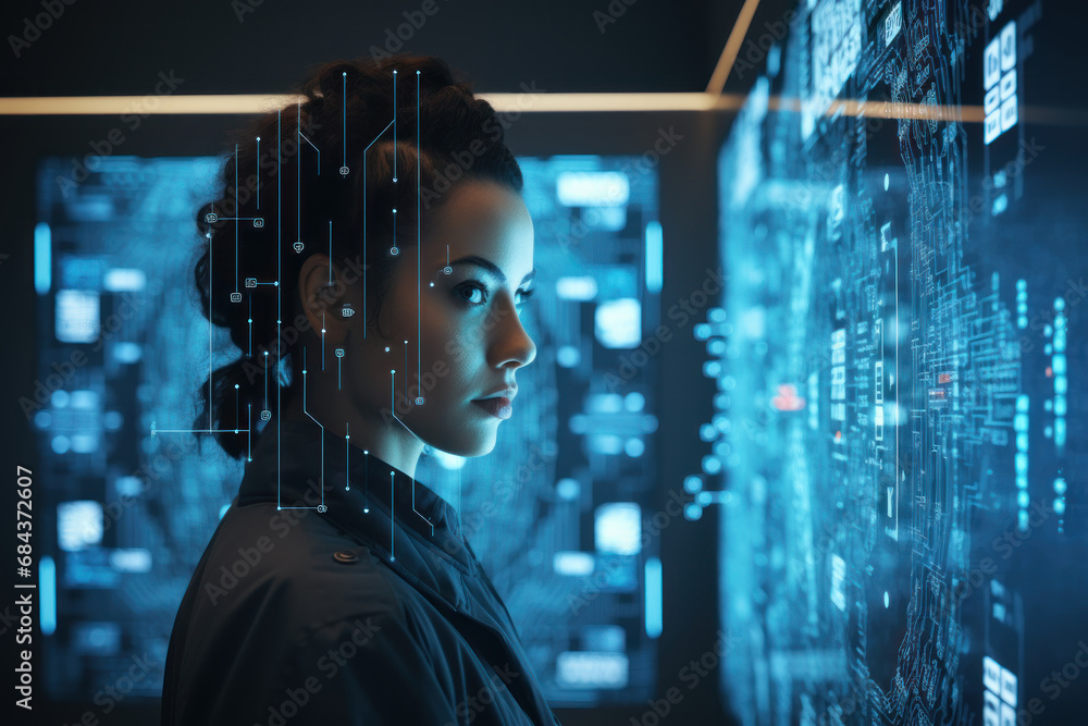 Poster a cybersecurity ai scanning and identifying potential threats in a network, illustrating the proacti