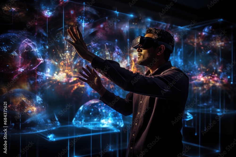 Poster an ai-enhanced virtual reality experience, immersing users in a simulated environment and showcasing
