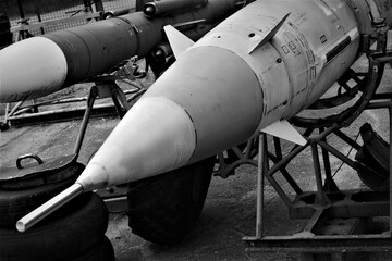 Black and white image. Old rockets of the Soviet Union