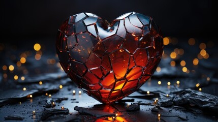 A glass heart with warm light shining through cracked glass, the background is a dark background with bokeh lights. Concept of love and vulnerability. 