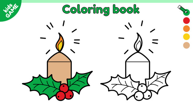 Page of kids coloring book with Christmas candle. Cartoon holiday Xmas candle with mistletoe. New Year activity book for preschool and school children. Color the outline picture. Vector illustration.