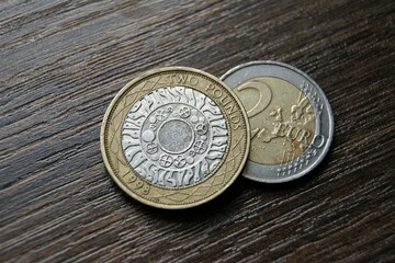 UK and Eurozone coins. 2 Pound coins and 2 Euro coin. Business and finance.