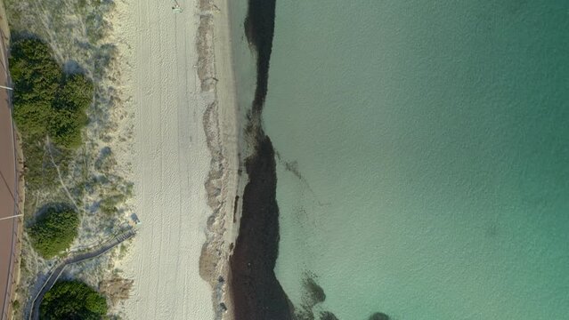 Drone aerial top view of Rena di Ponente turquoise water beach in Capo Testa cape in Sardinia, Italy