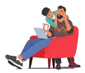 Heartwarming Scene As The Son Eagerly Hands A Gift To His Dad Character, Closing his Eyes. A Simple Gesture