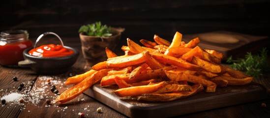 Baked orange sweet potato fries with ketchup, salt, pepper on wooden board - obrazy, fototapety, plakaty