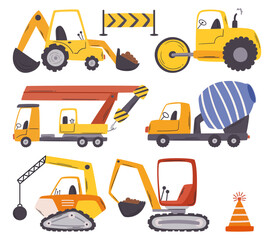 Bulldozers, Cranes, Excavators, And Dump Trucks with Concrete Mixer and Demolator Construction Vehicles