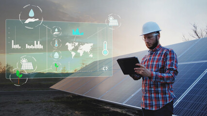 Engineer analysing solar panels data, digital future job concept graphics