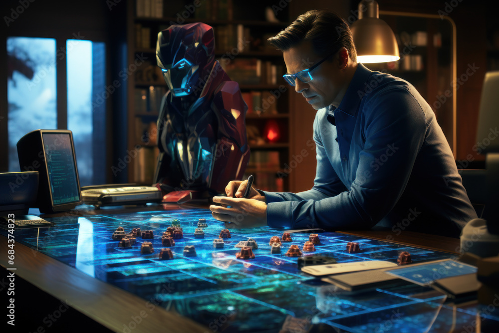Poster a financial ai analyzing vast datasets to detect anomalies and potential fraud, showcasing the vigil