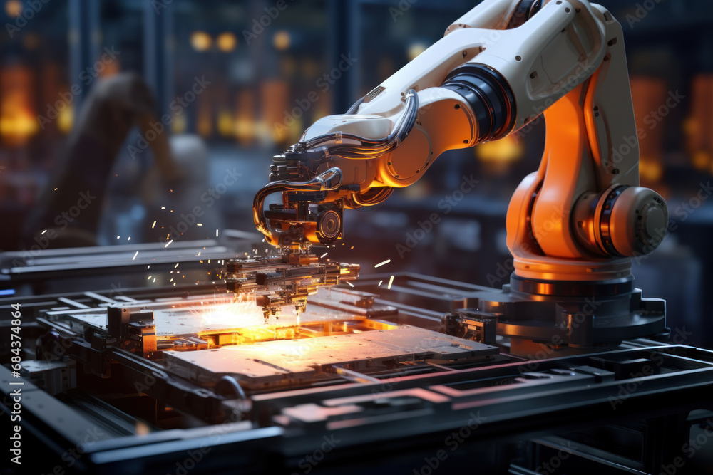 Poster a manufacturing robot adjusting its operations in real-time based on environmental factors, showcasi