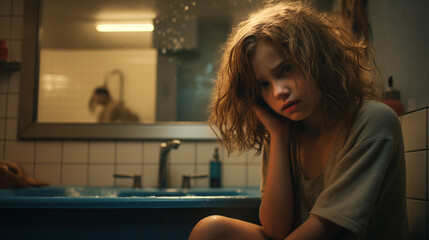Fototapeta na wymiar Fillette soucieuse dans la salle de bain, préoccupations et angoisses de l'enfant