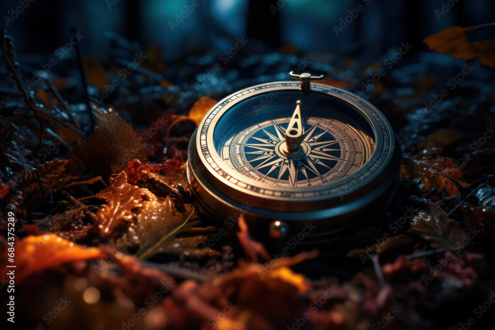 Poster a compass guiding the way through uncharted territory, representing the conceptual navigation requir