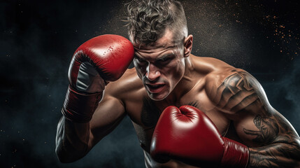 Cool looking photo of boxer punching on boxing ring. - obrazy, fototapety, plakaty