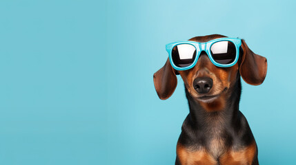 Adorable Dachshund dog wearing sunglasses isolated on light blue background. Copyspace for text.