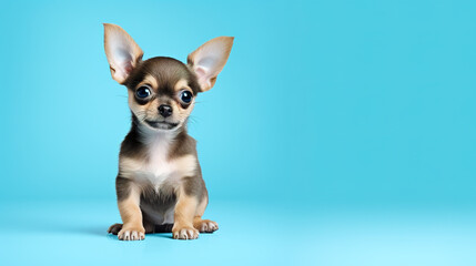 Adorable chihuahua dog isolated on light blue background. Copyspace for text.