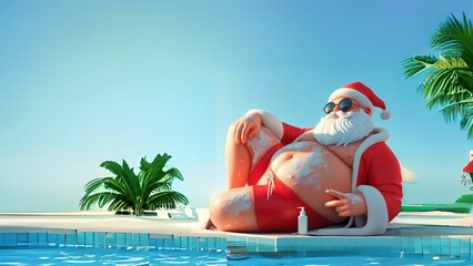 Ilustração 3D do Papai Noel gordinho relaxando na piscina, vestindo sunga vermelha, com loção espalhada na pele, óculos de sol estilosos e usando protetor solar no rosto em um dia ensolarado. - obrazy, fototapety, plakaty