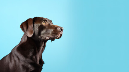 Adorable black labrador retriever dog isolated on light blue background. Copyspace for text.