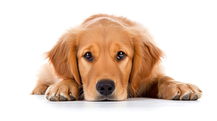 Sad golden retriever dog isolated on white background.