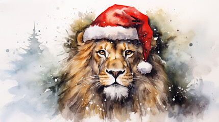 Watercolor painting of lion wearing Santa hat for christmas festival. - obrazy, fototapety, plakaty