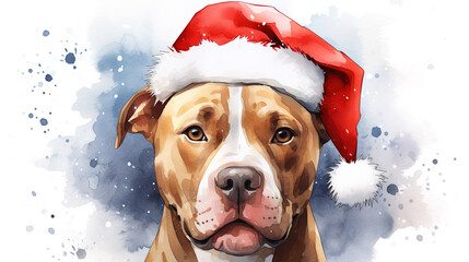 Watercolor painting of happy american pitbull terrier dog wearing Santa hat for christmas festival.