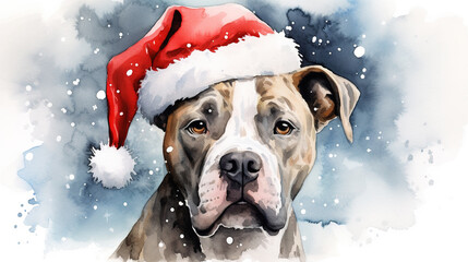 Watercolor painting of happy american pitbull terrier dog wearing Santa hat for christmas festival.
