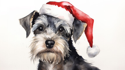 Watercolor painting of happy miniature schnauzer dog wearing Santa hat for christmas festival. - obrazy, fototapety, plakaty