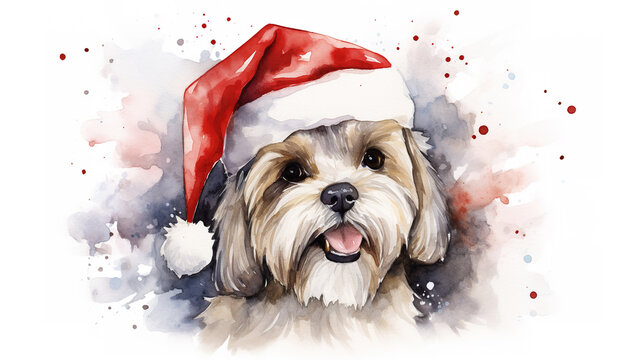 Watercolor painting of shih tzu dog wearing Santa hat for christmas festival.