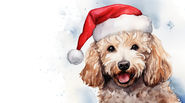 Watercolor painting of poodle dog wearing Santa hat for christmas festival.