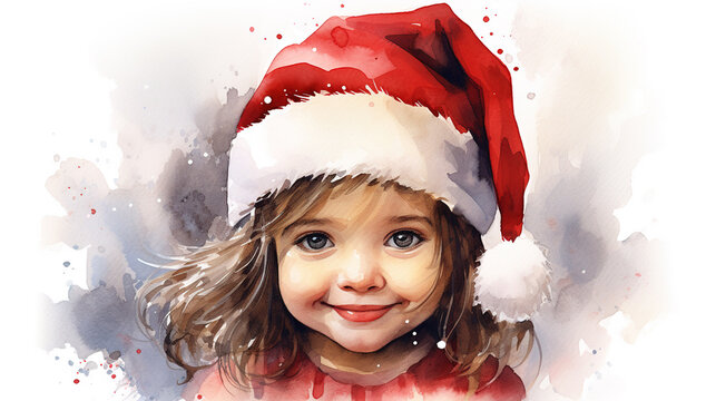 Watercolor painting of young baby girl wearing santa hat for christmas festival.