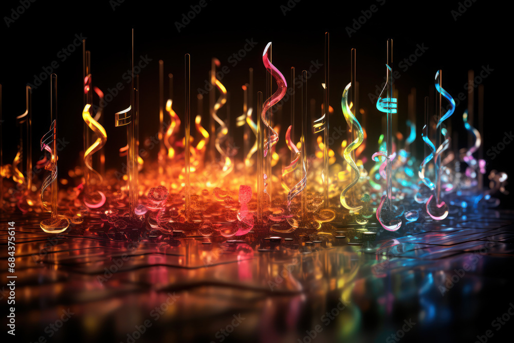 Poster a symphony of musical notes blending harmoniously, capturing the integration of various elements in 