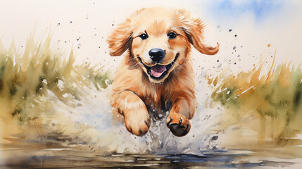 Watercolor painting of golden retriever puppy dog running. - obrazy, fototapety, plakaty