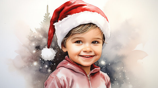 Watercolor painting of young baby boy wearing santa hat for christmas festival.