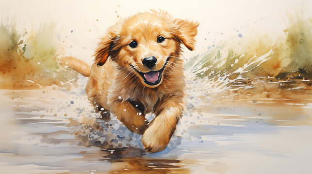 Watercolor painting of golden retriever puppy dog running.