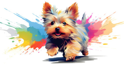 Adorable Yorkshire terrier puppy dog running in mixed grunge colors illustration. Colorful minimal vector art.