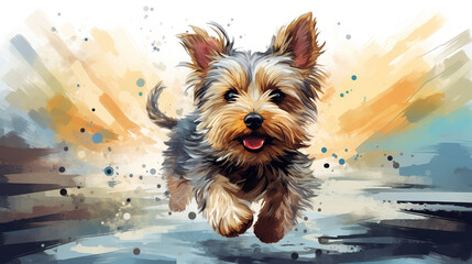 Adorable Yorkshire terrier puppy dog running in mixed grunge colors illustration.