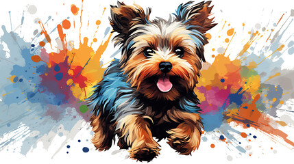 Adorable Yorkshire terrier puppy dog running in mixed grunge colors illustration.