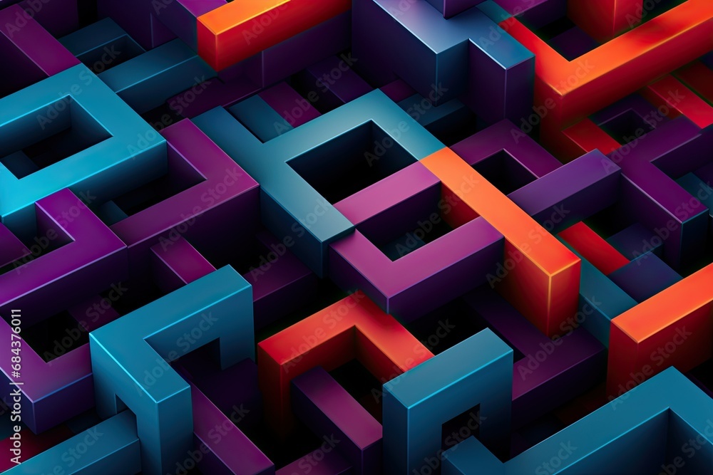 Fototapete 3D geometric background interlocking shapes and patterns in a harmonious blend of colors, optical illusion abstract ambiance background